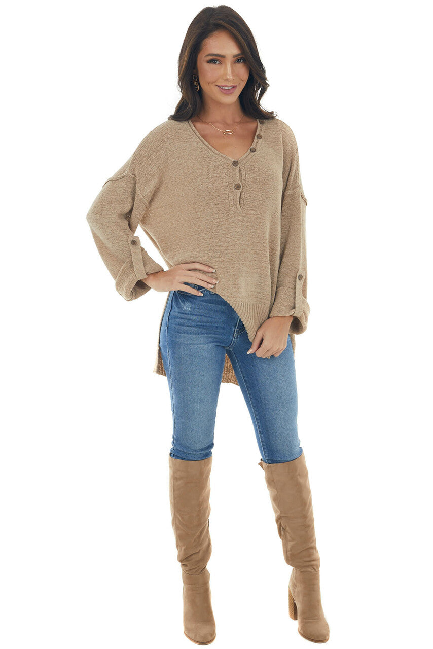 Latte Button Up Rolled Cuff Loose Knit Sweater 