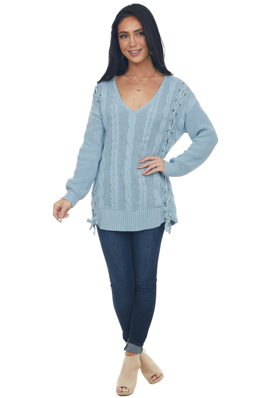 Powder Blue V Neck Loose Cable Knit Sweater