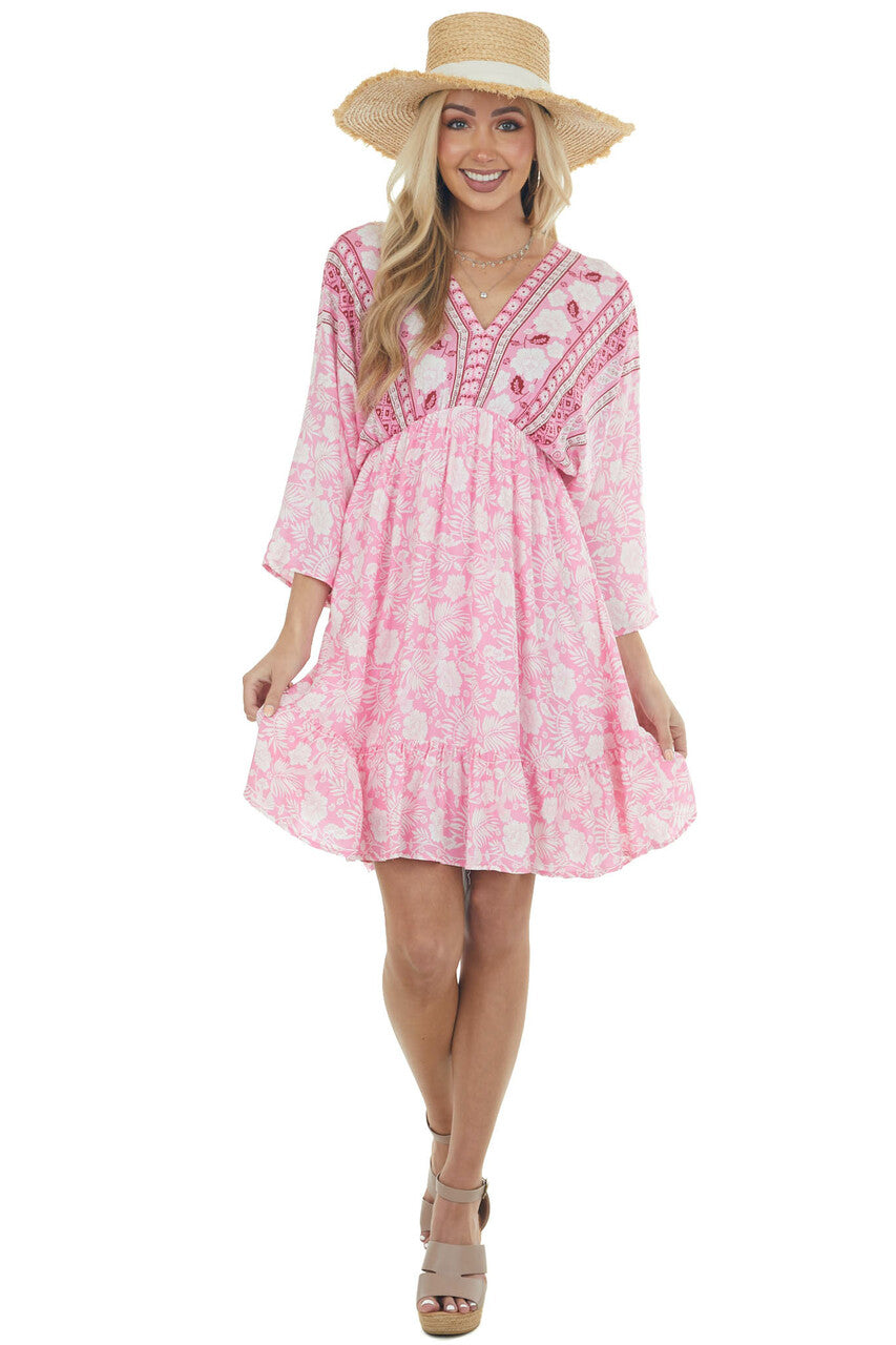 Bright Pink Tropical 3/4 Sleeve Back Tie Dress