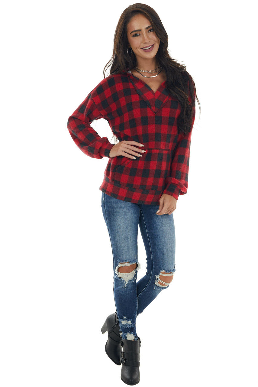 Cranberry and Charcoal Plaid Soft Knit Hoodie