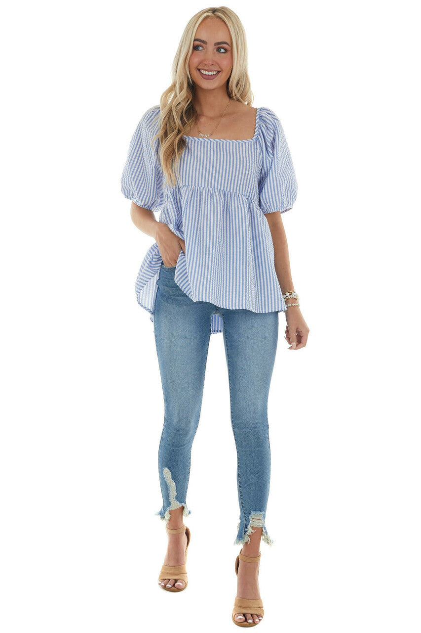 Cornflower Striped Puff Sleeve Babydoll Blouse