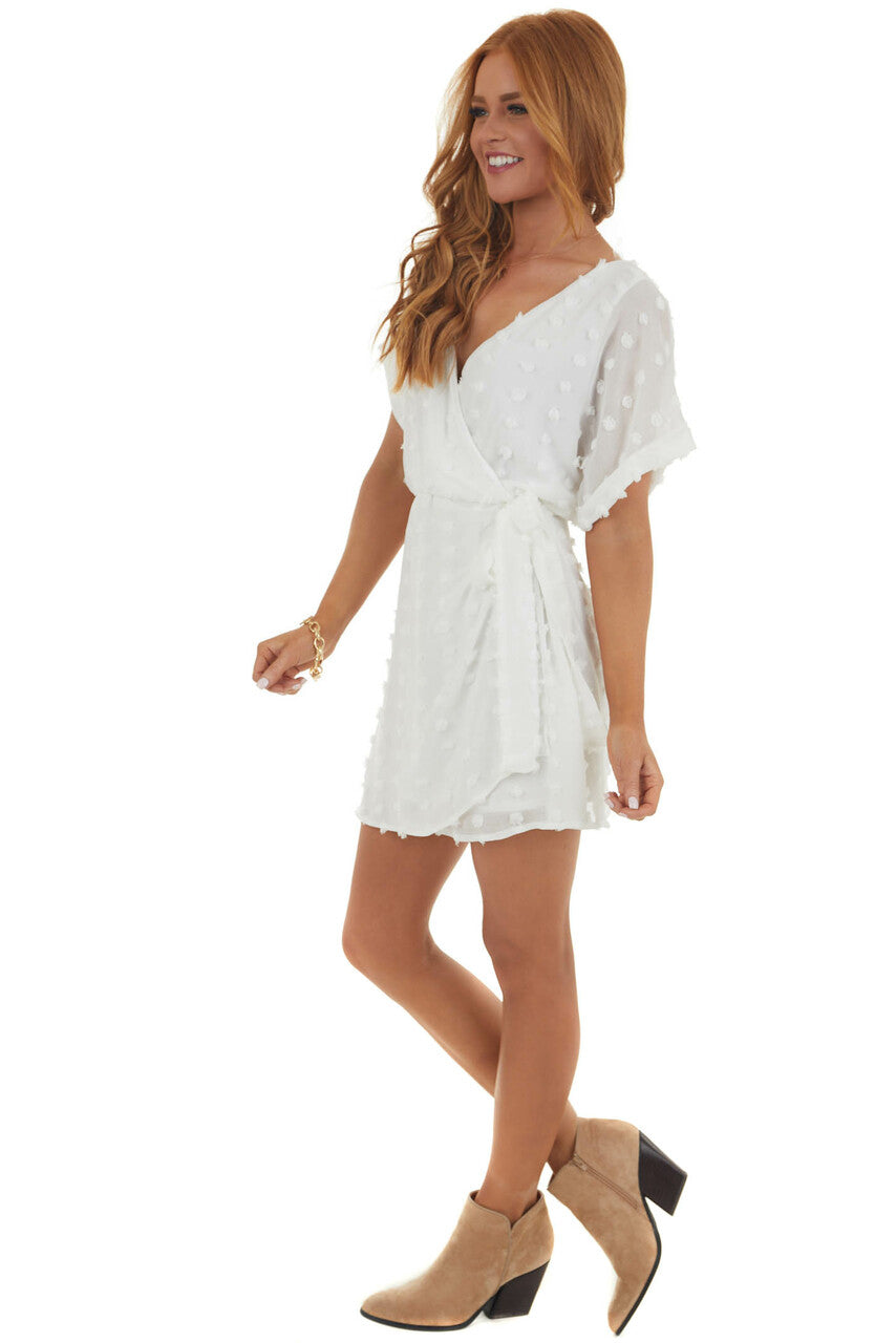 Off White Swiss Dot Surplice Neck Short Dress 