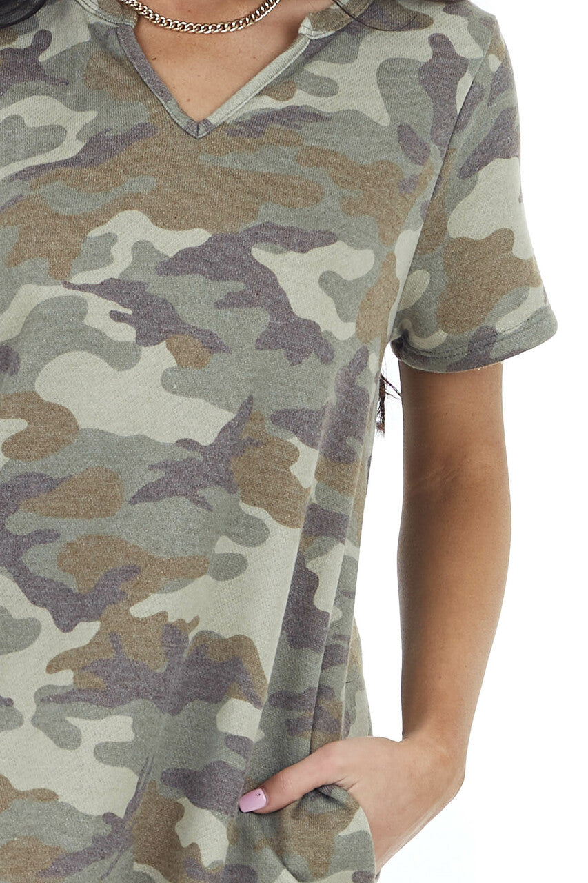 Army Green Camo Print Short Sleeve V Neck Knit Mini Dress