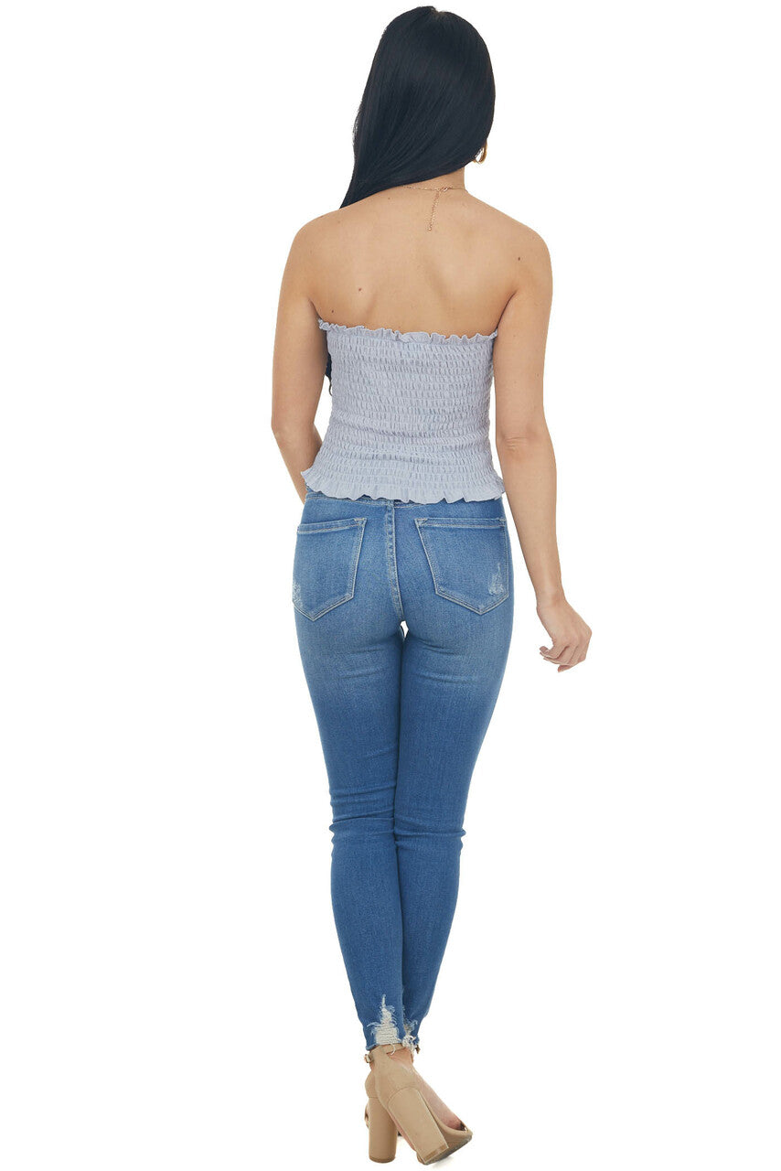 Slate Blue Strapless Smocked Bandeau Top with Ruffled Hem