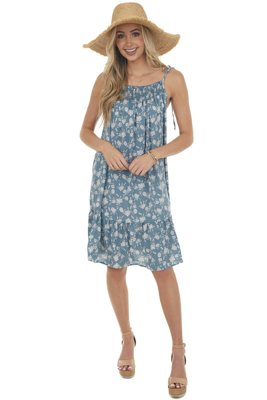 Dusty Slate Floral Print Sleeveless Short Ruffled Dress