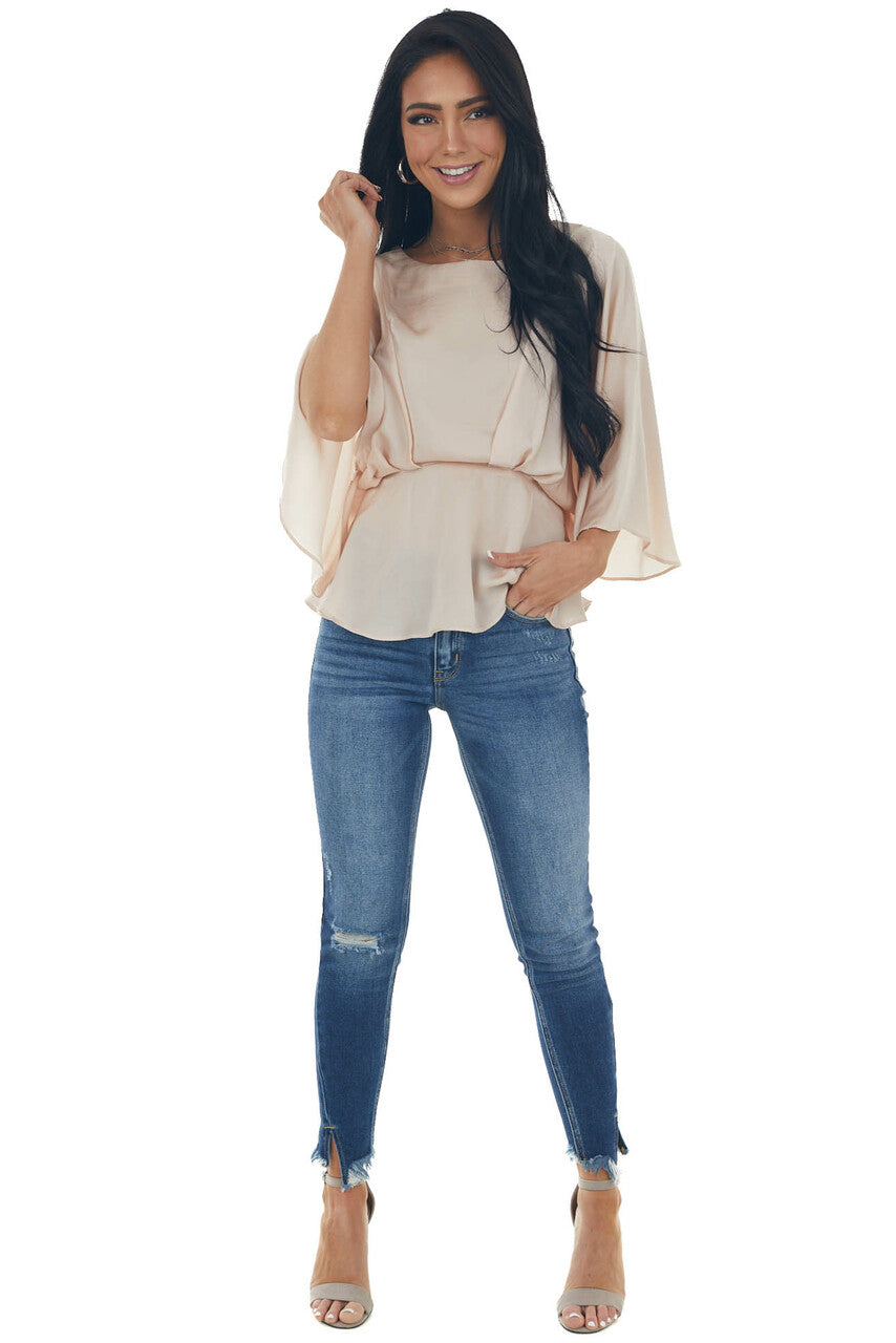 Tea Rose Kimono Sleeve Pleated Peplum Blouse