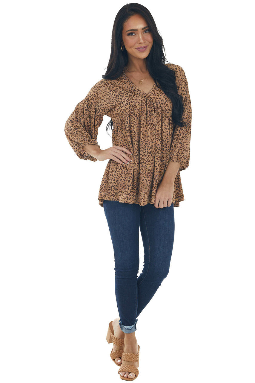 Copper Leopard Print V Neck Babydoll Knit Top 