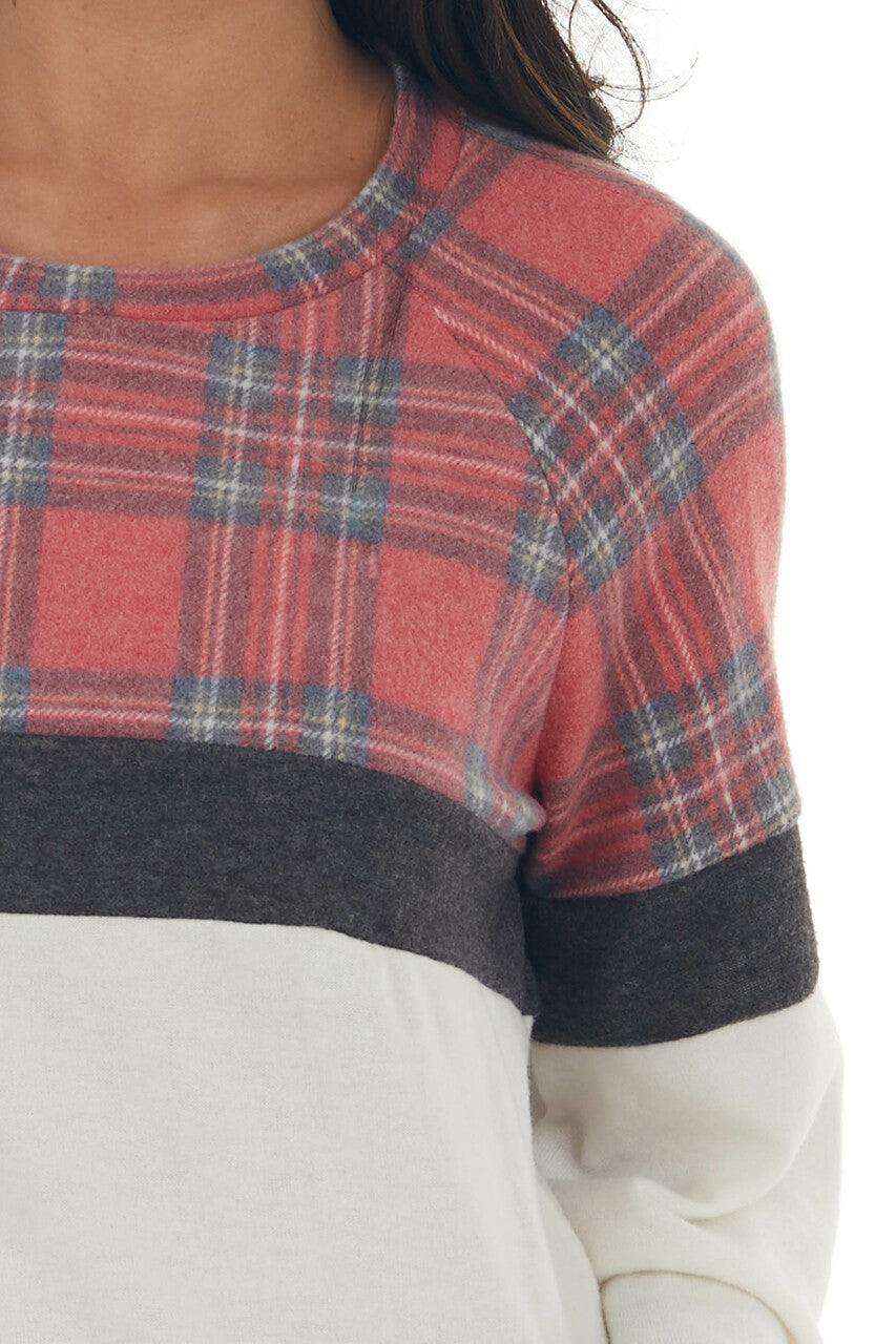 Crimson Plaid Colorblock Brushed Knit Top