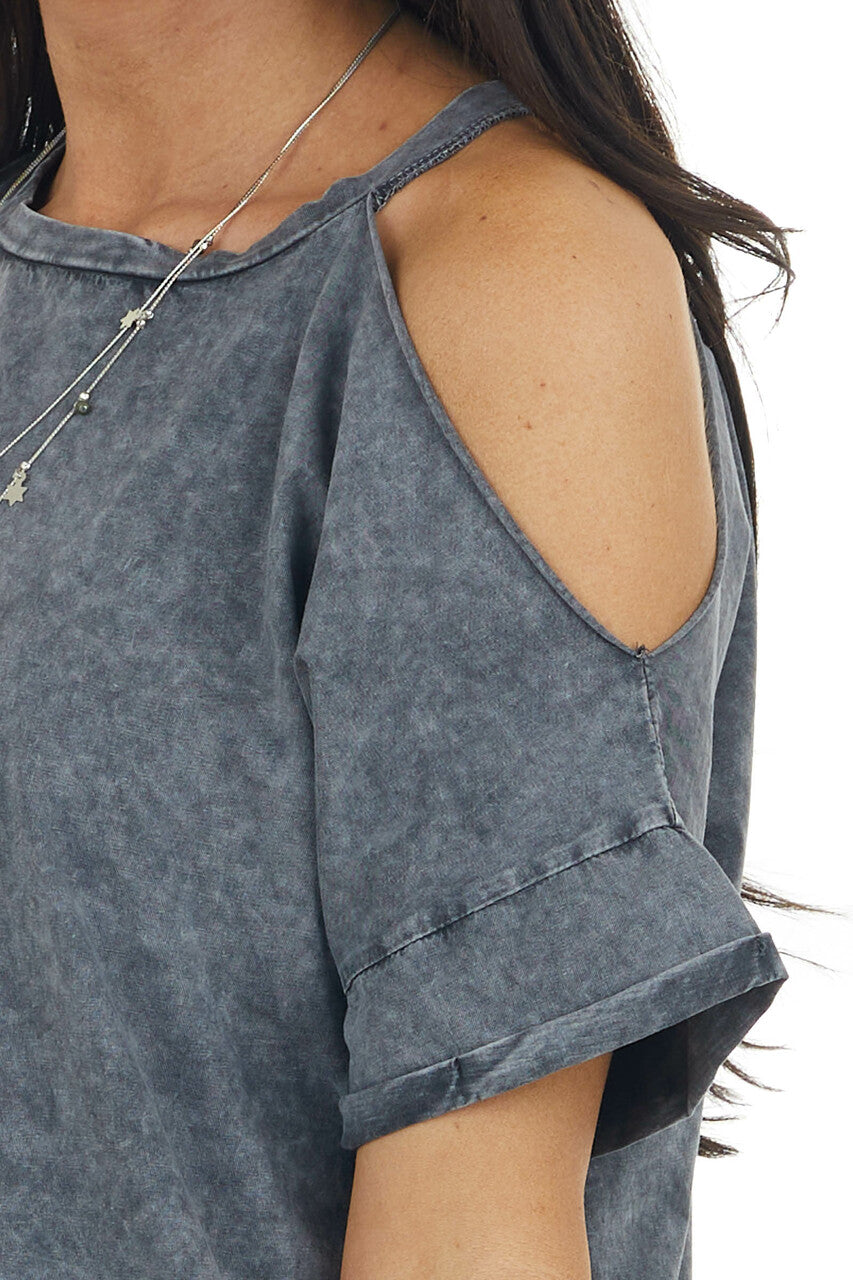 Graphite Mineral Washed Short Sleeve Cold Shoulder Knit Tee