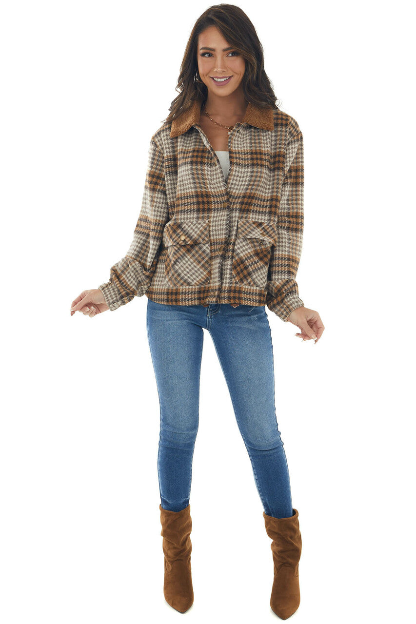 Sepia Plaid Button Up Jacket with Cinch Waist