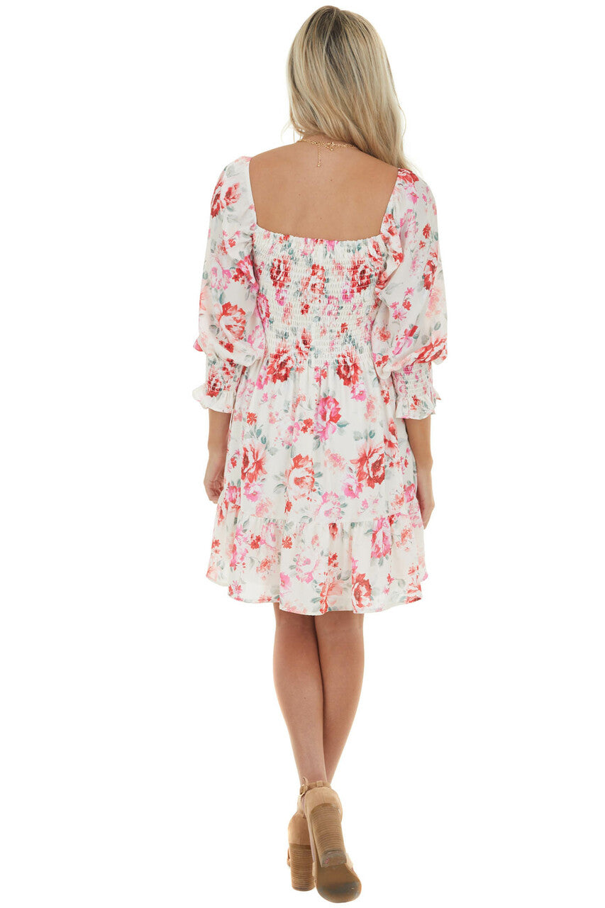 Cream and Ruby and Smocked Bust Long Sleeve Mini Dress 