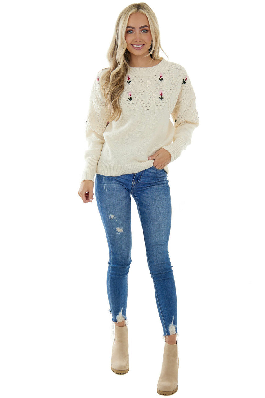 Cream Sweater with Embroidered Flower Detail