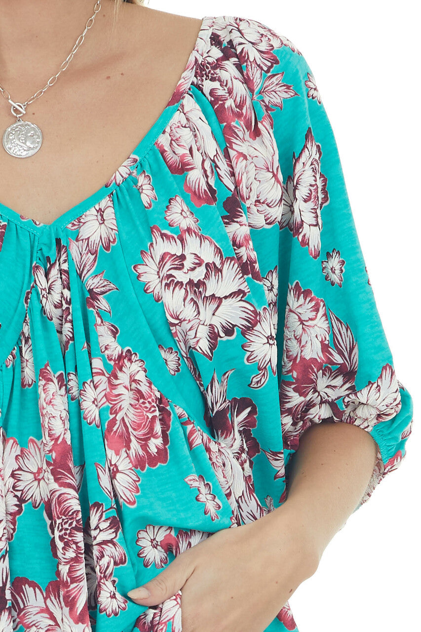 Turquoise Floral Print Babydoll Top