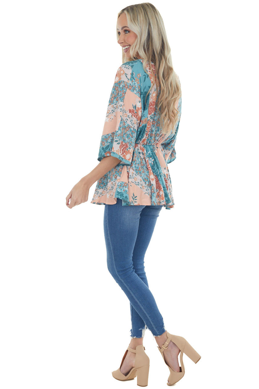 Teal and Peach Floral Multiprint Peplum Top 