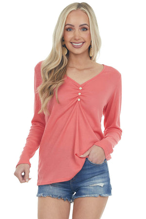 Rich Coral Waffle Knit Top with Button Detail
