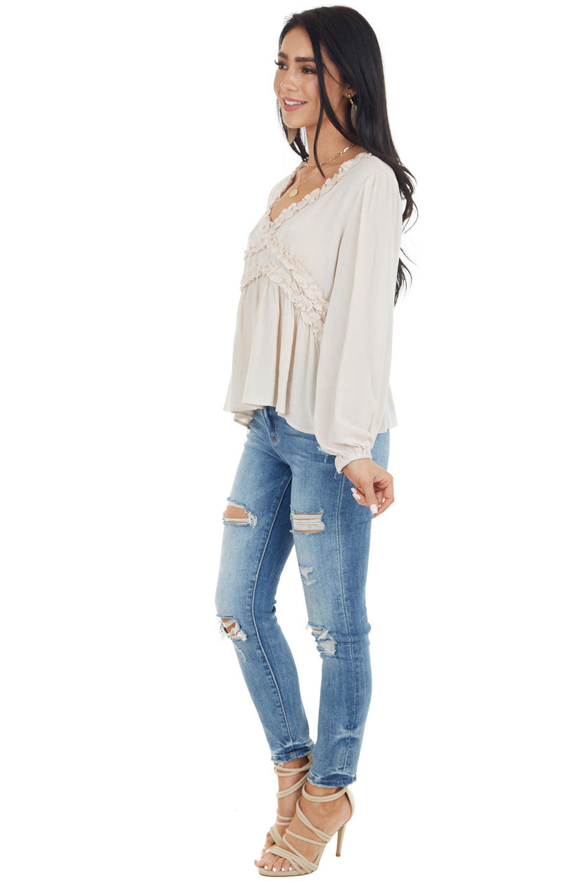 Oatmeal Long Puff Sleeve Babydoll Top with Ruffle Detail