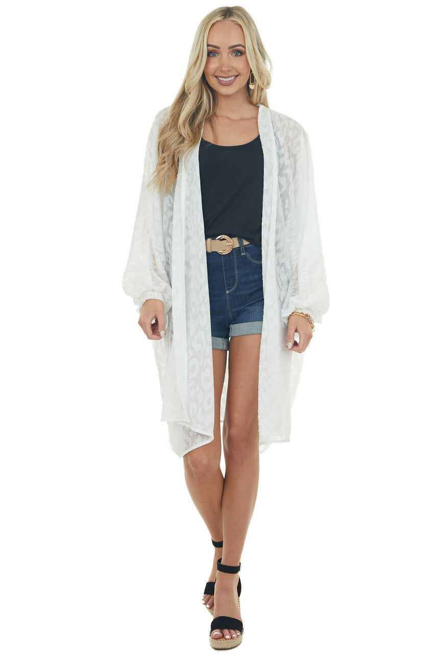 Off White Leopard Print Dolman Sleeve Kimono