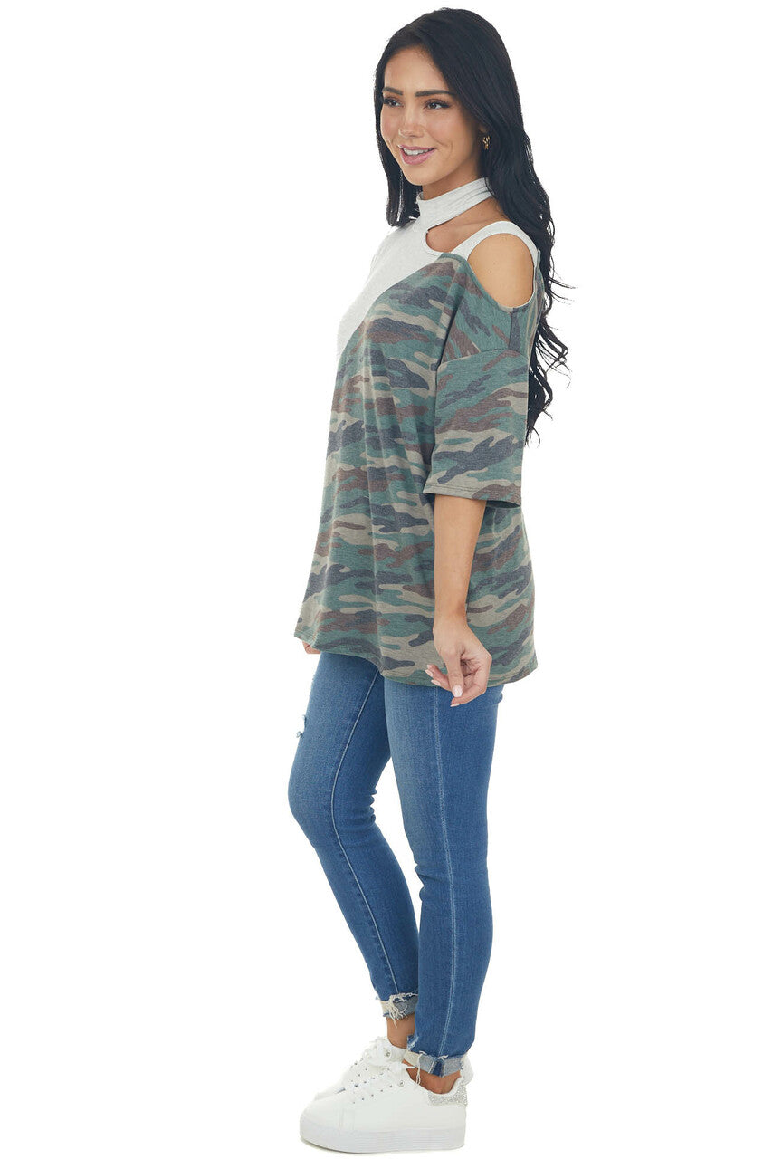 Pewter Grey Cold Shoulder Top with Asymmetrical Camo Print