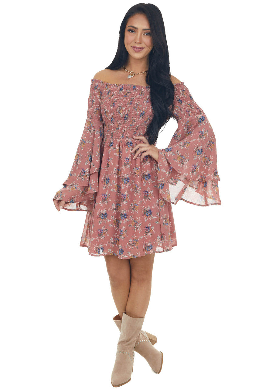 Rose Taupe Floral Print Long Sleeve Off the Shoulder Dress