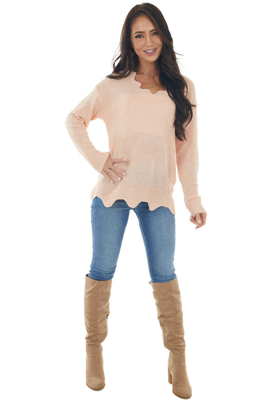 Peach V Neck Sweater with Scallop Details