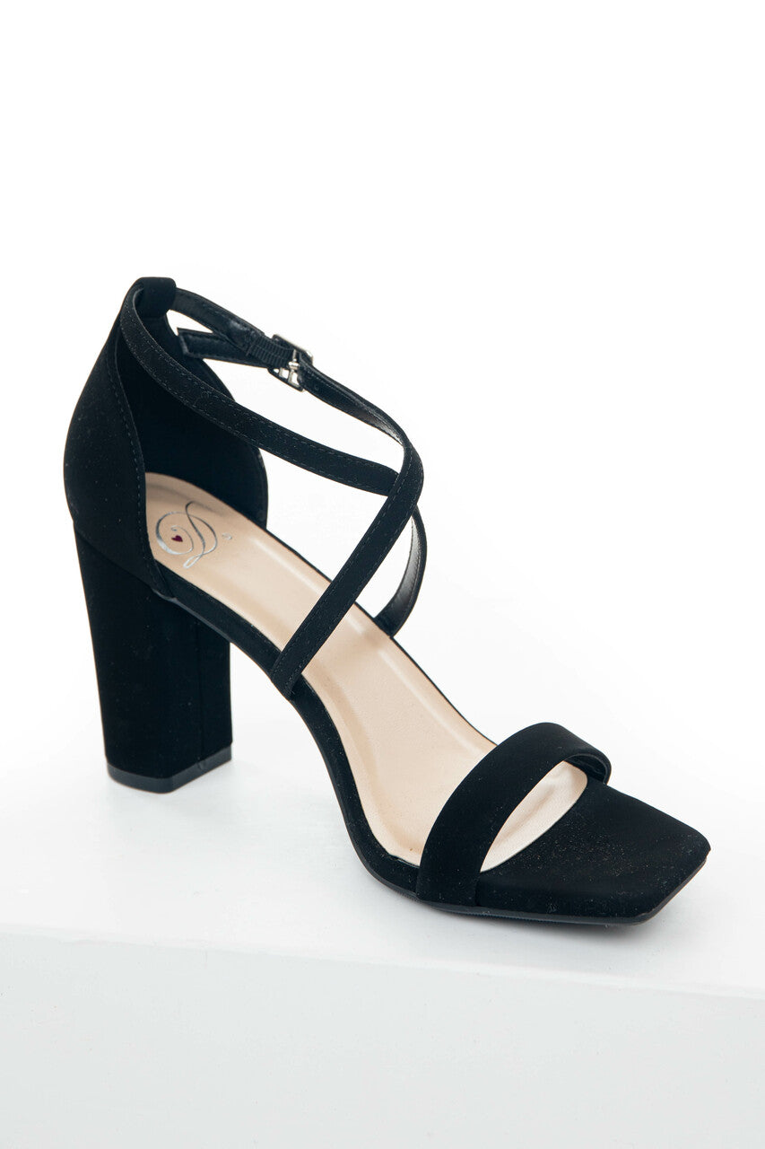 Black Square Toe High Heels with Ankle Strap 