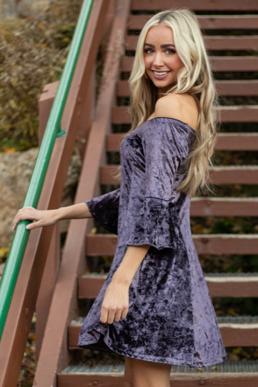 Violet Velvet Half Flare Sleeve Short Dress