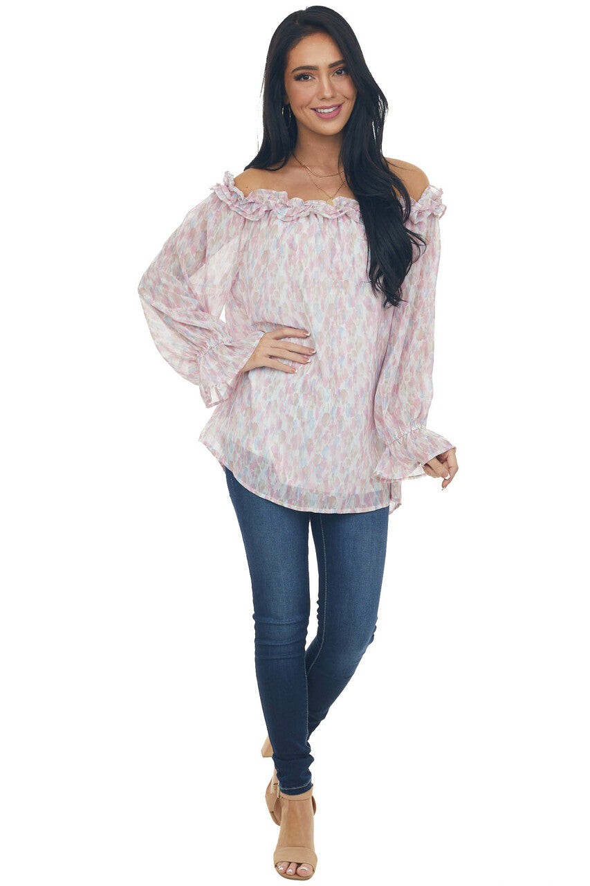Carnation Watercolor Ruffle Off Shoulder Top
