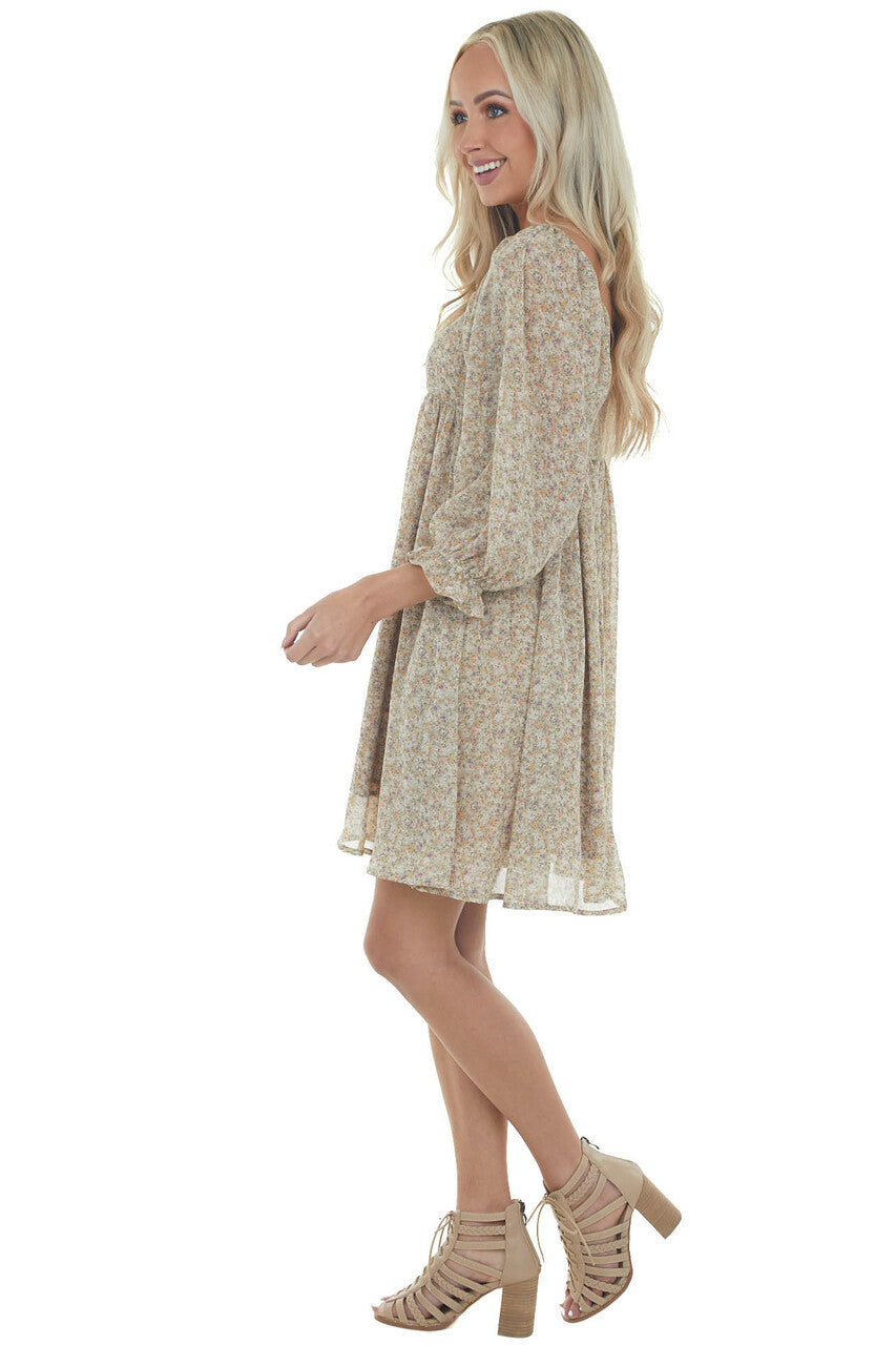 Khaki Ditsy Floral Square Neck Short Dress