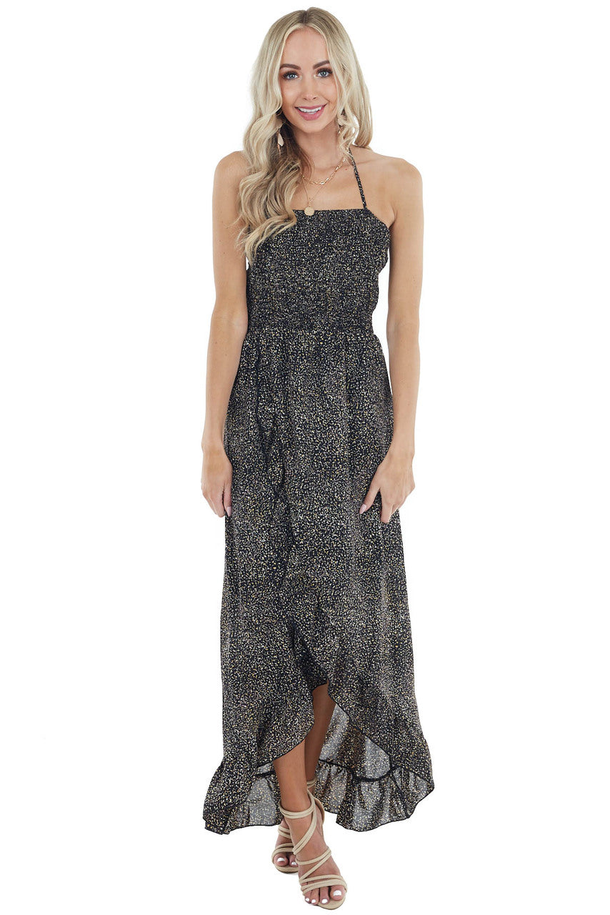 Black Abstract Print Open Back Dress with Ruffle Detail 