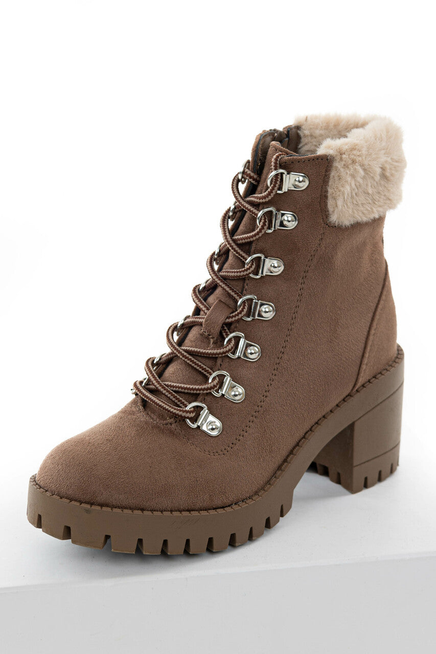 Taupe Faux Suede Lace Up Heeled Lug Booties