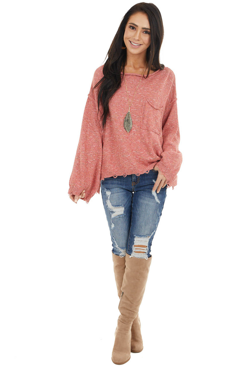 Faded Red Multicolor Long Sleeve Distressed Sweater