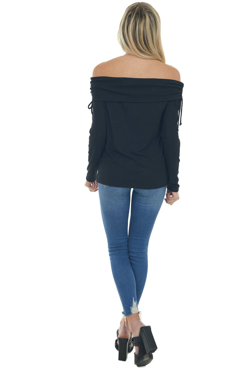 Black Folded Off the Shoulder Ribbed Top