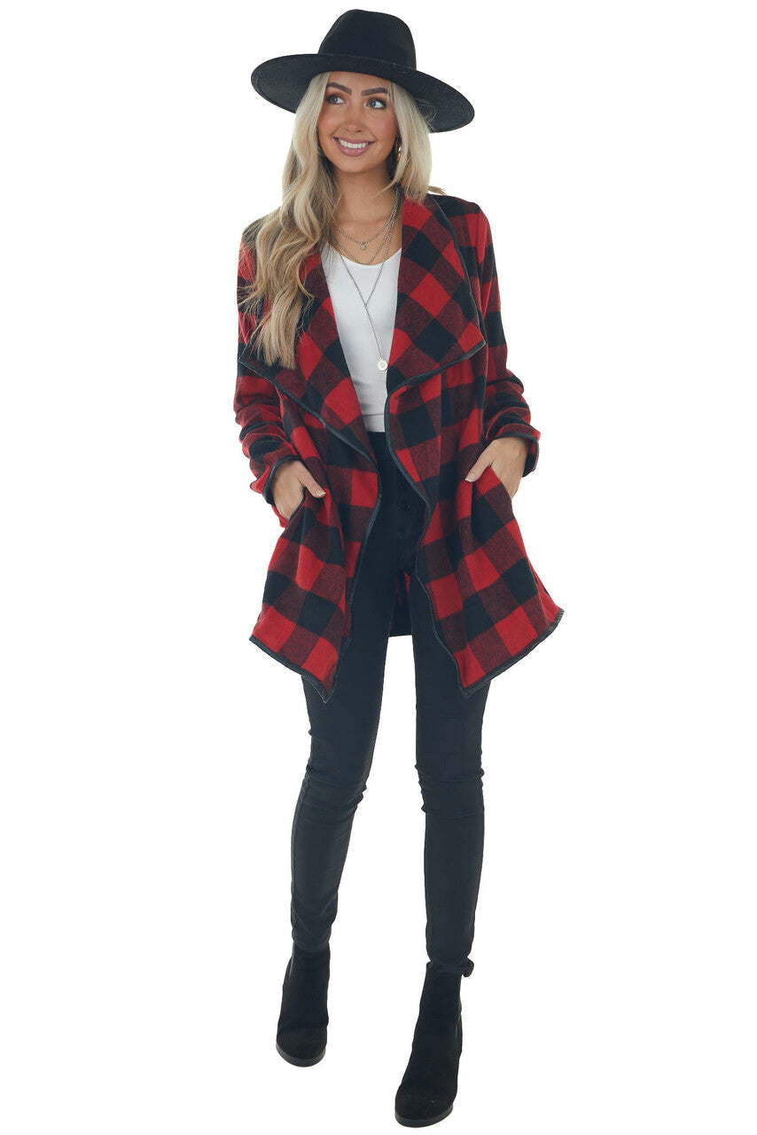 Ruby Buffalo Plaid Draped Open Front Coat 