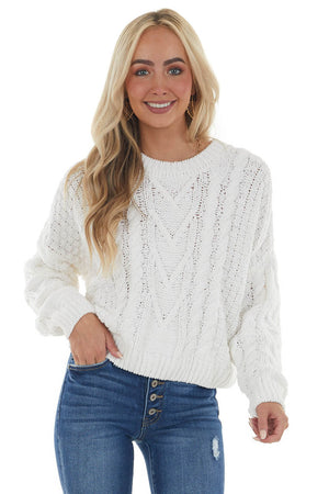 Vanilla Slight Crop Cable Knit Sweater 