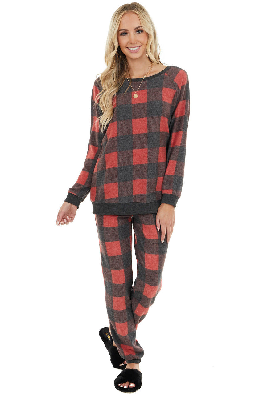 Candy Apple Red Buffalo Plaid Long Sleeve Top and Jogger Set