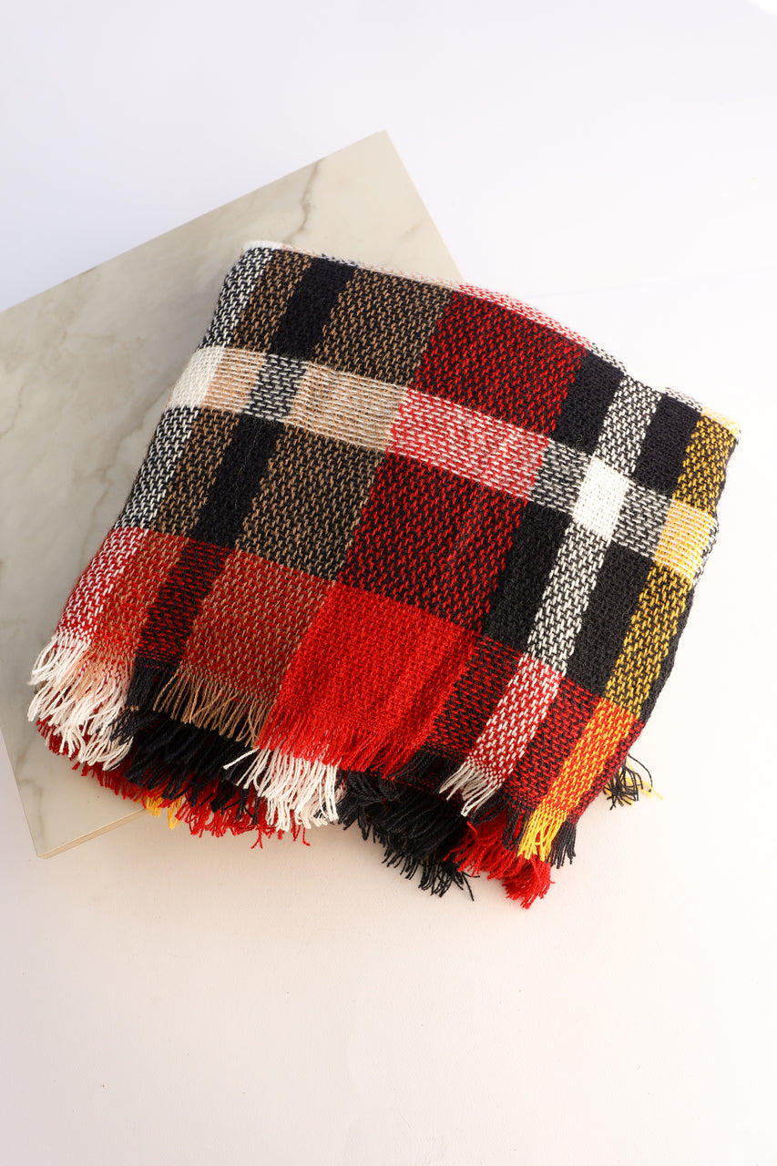 Red and Navy Blue Plaid Scarf with Fringe Detail 