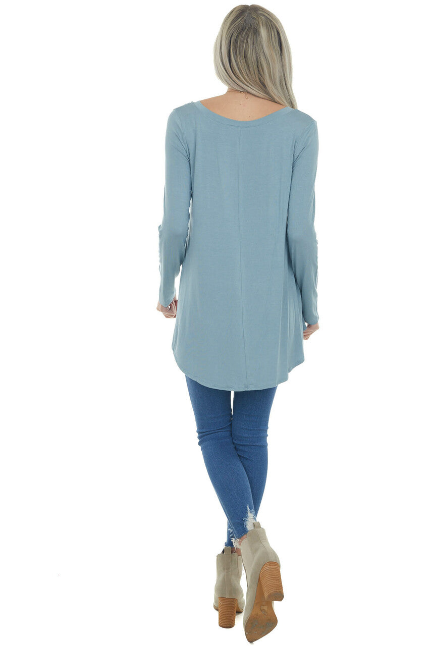 Steel Blue Rounded Hem V Neck Soft Knit Top