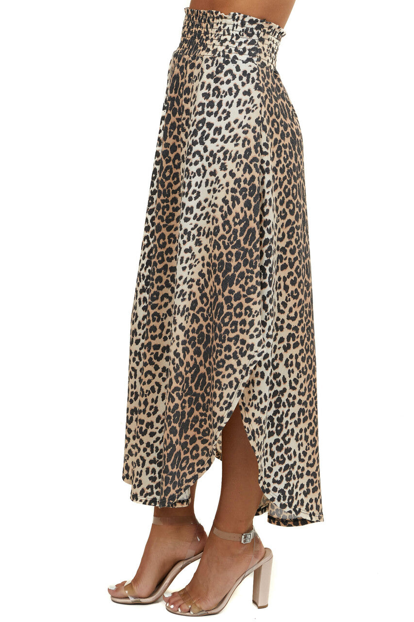 Beige Leopard Print Waffle Knit Maxi Skirt with Side Slits