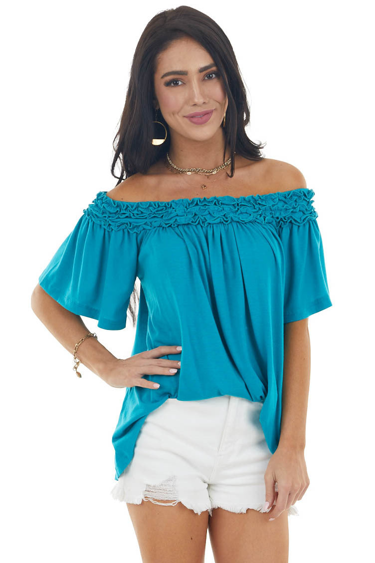 Deep Aqua Frilled Off the Shoulder Short Sleeve Knit Top