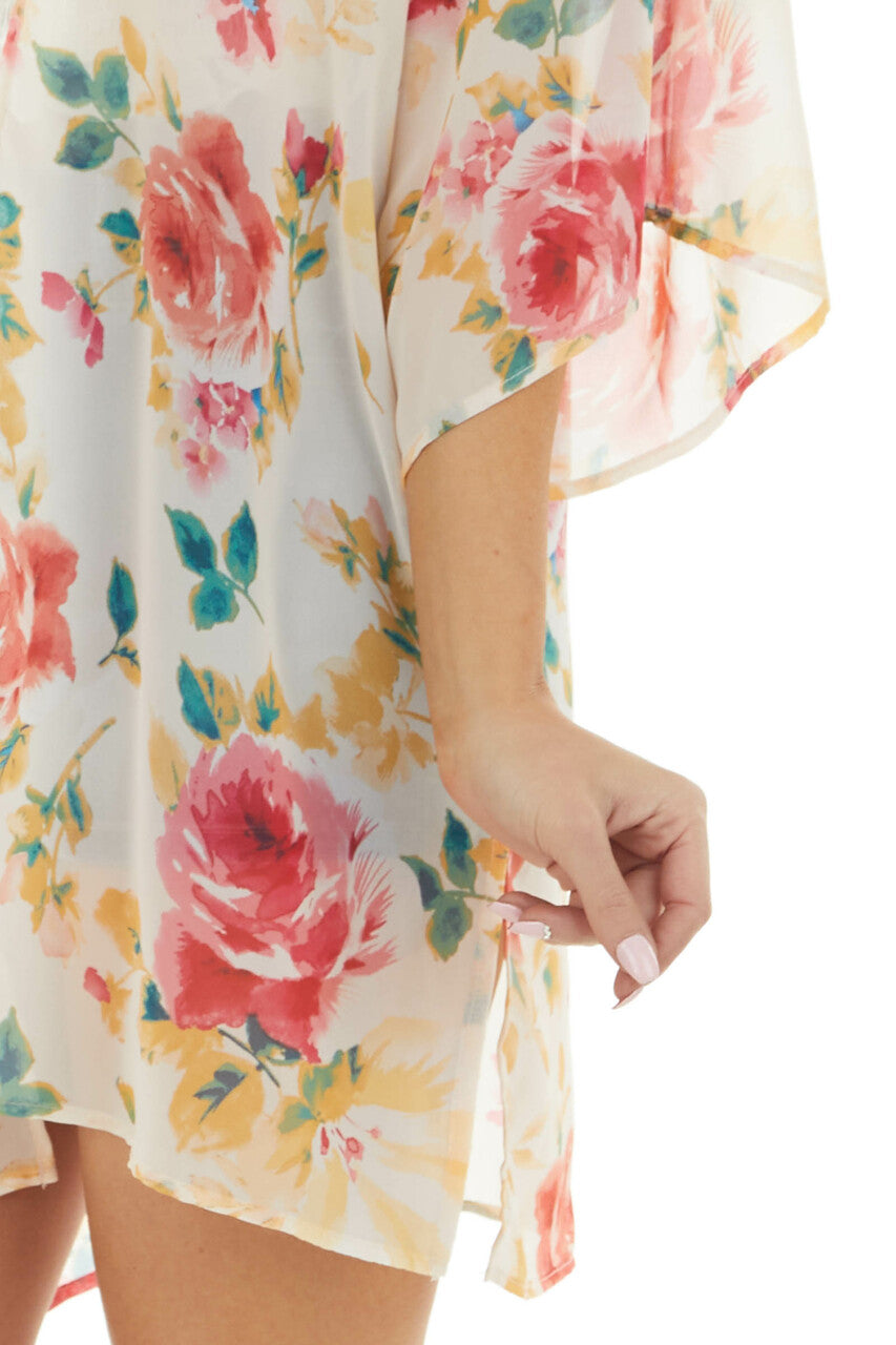 Light Blush Floral Print Lightweight Open Front Kimono