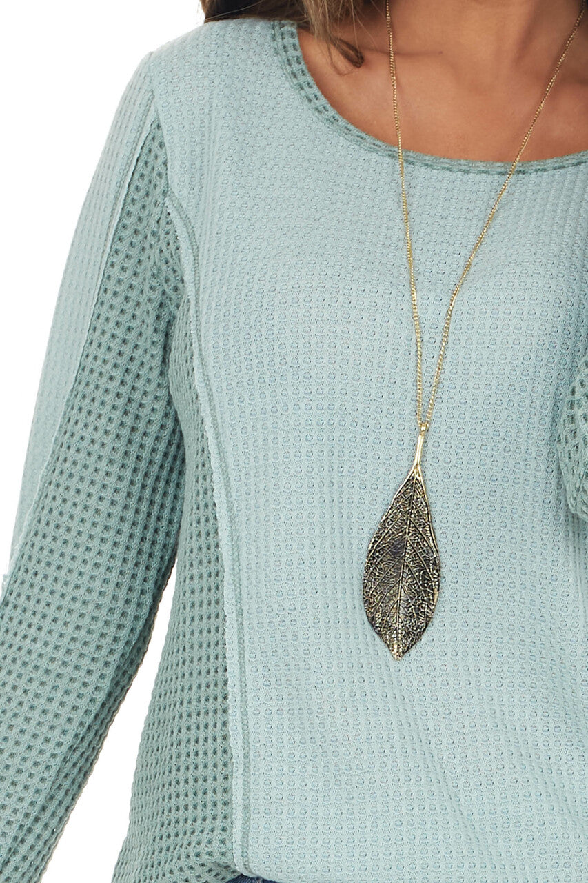 Sage Long Sleeve Waffle Knit Top with Contrast Detail
