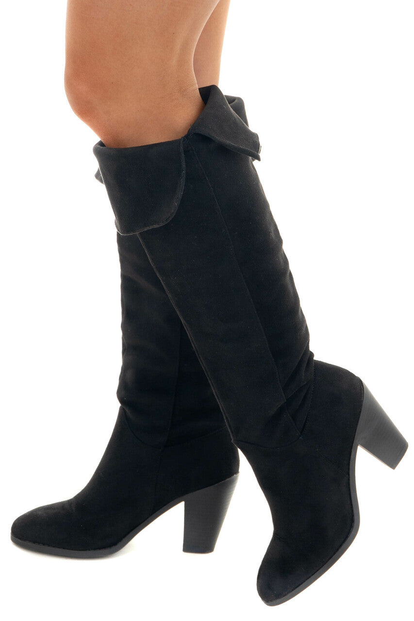 Black Faux Suede Folded Slouchy Heeled Boots