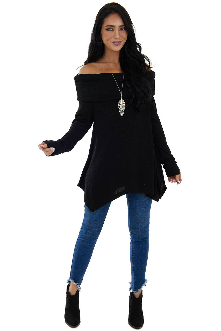 Black Thermal Knit Folded Off Shoulder Top 