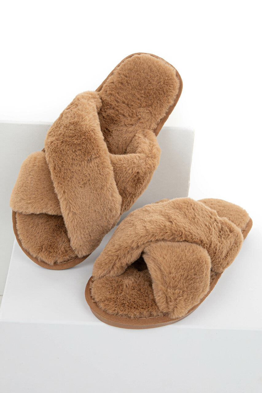 Camel Super Soft Fuzzy Slippers with Criss Cross Straps
