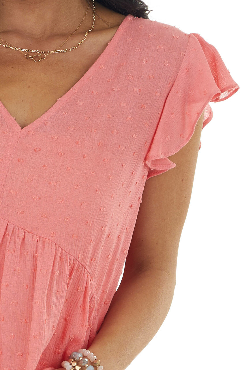 Coral Swiss Dot Babydoll V Neck Blouse