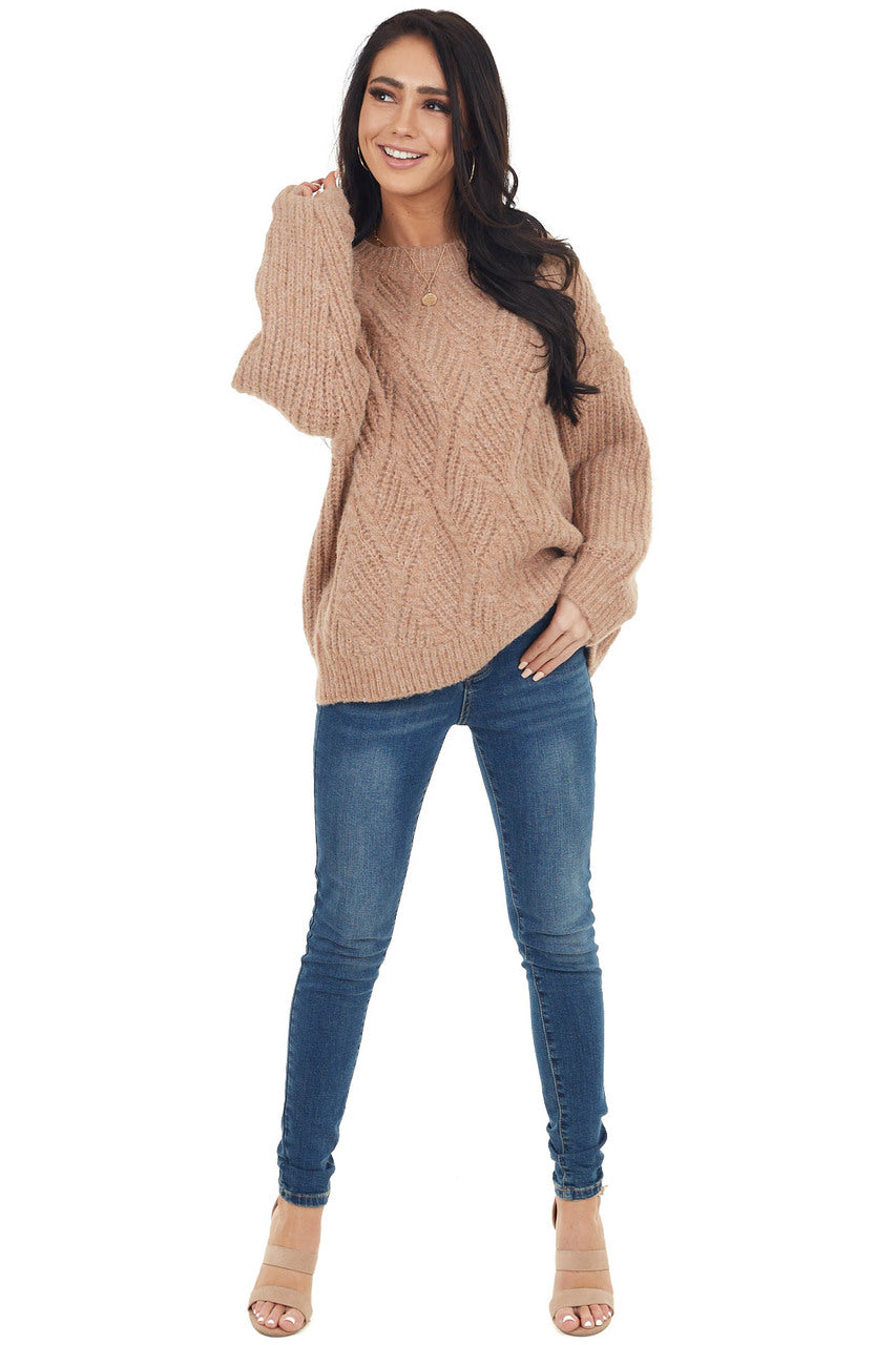 Faded Camel Long Sleeve Textured Knit Oversized Sweater
