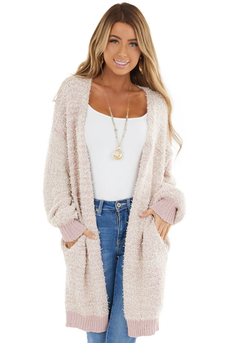 Blush Knit Open Front Cardigan with Pockets and Ribbed Hem