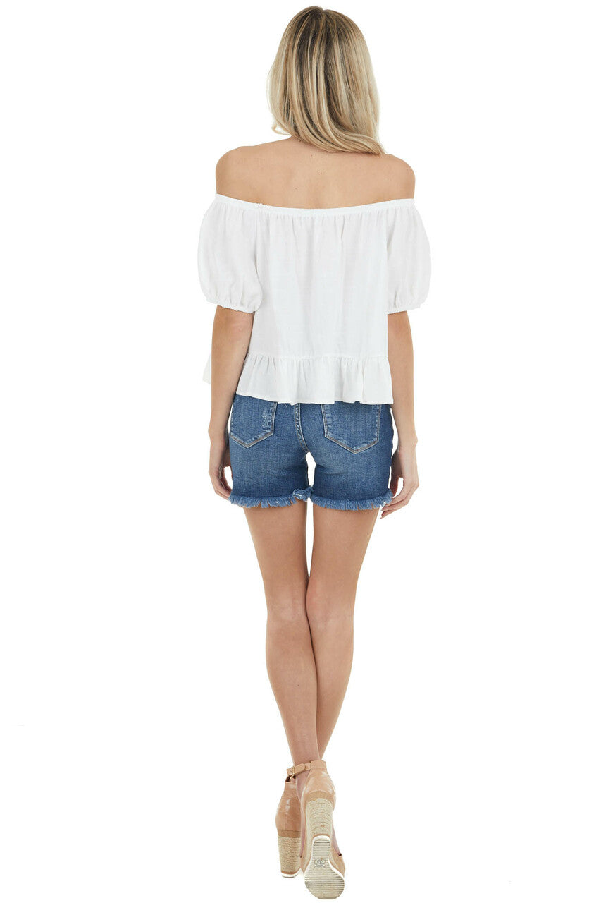 Ivory Short Puff Sleeves Woven Crop Top with Ruffle Detail