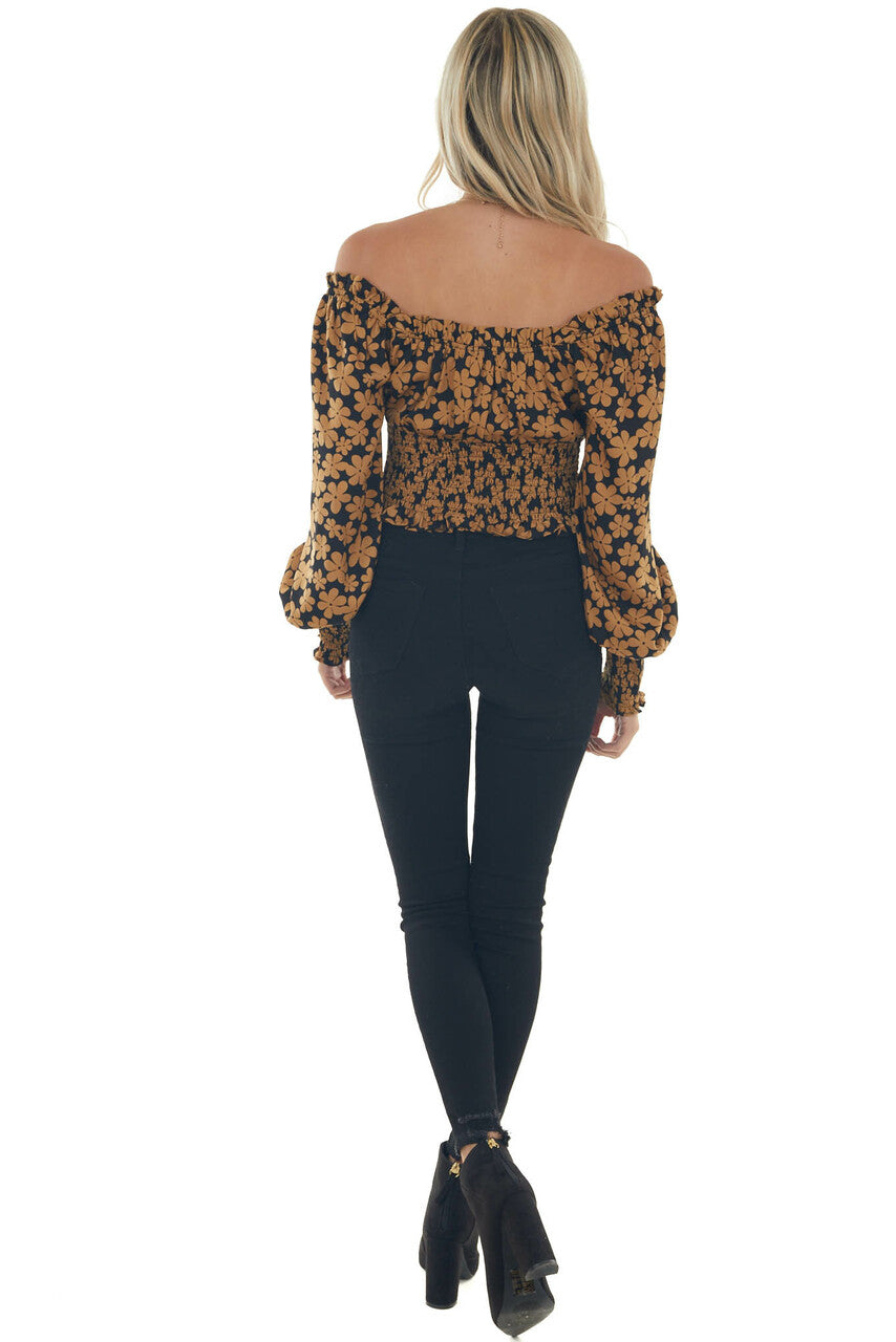 Black and Copper Floral Cropped Satin Blouse