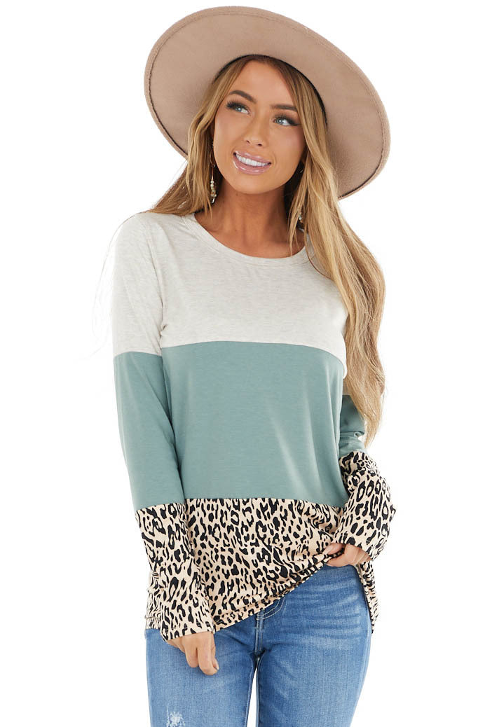Oatmeal and Sage Colorblock and Leopard Print Contrast Top
